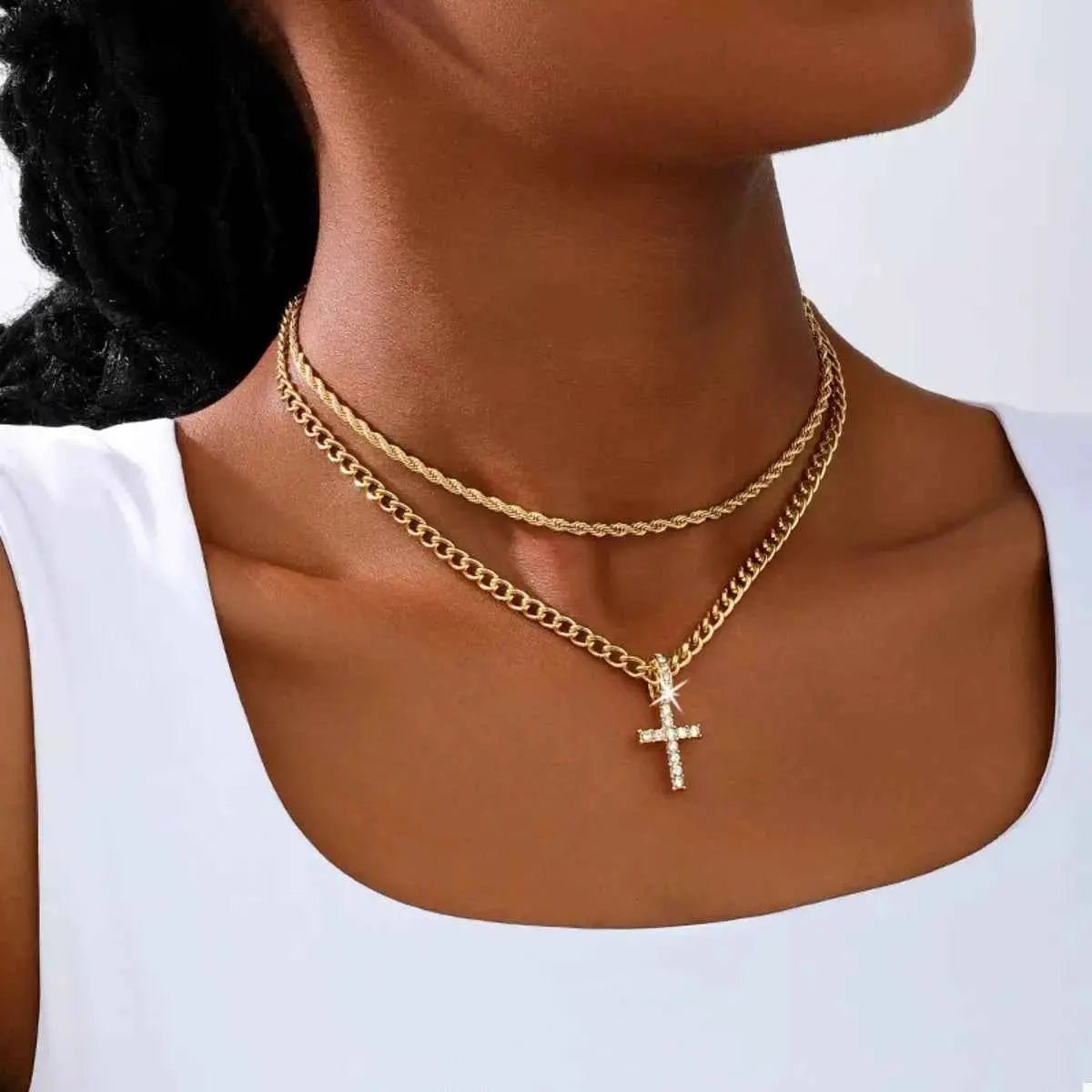 Layered Gold Chain Cross Pendant Necklace - SmileBen