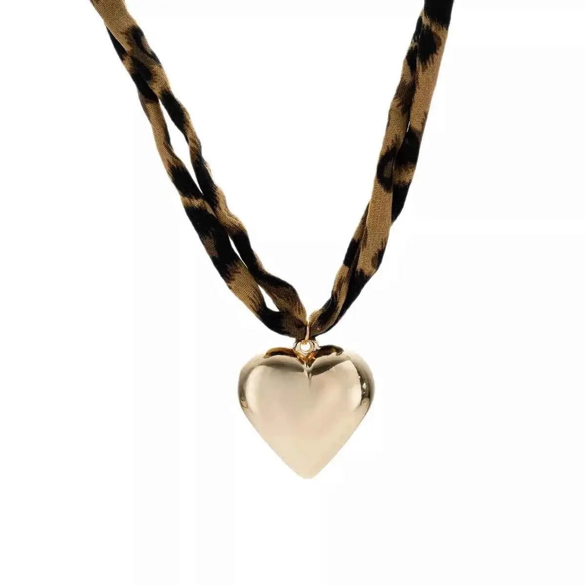 Leopard Print Choker with Golden Heart Pendant Necklace - SmileBen