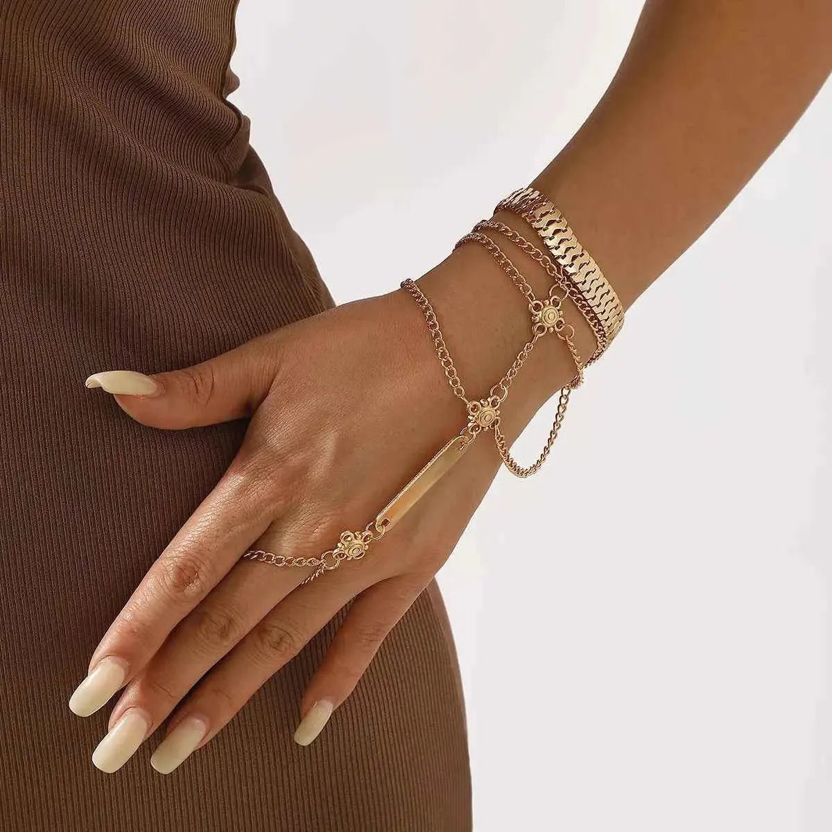 Multi Layered Chain Bracelet with Finger Ring - SmileBen