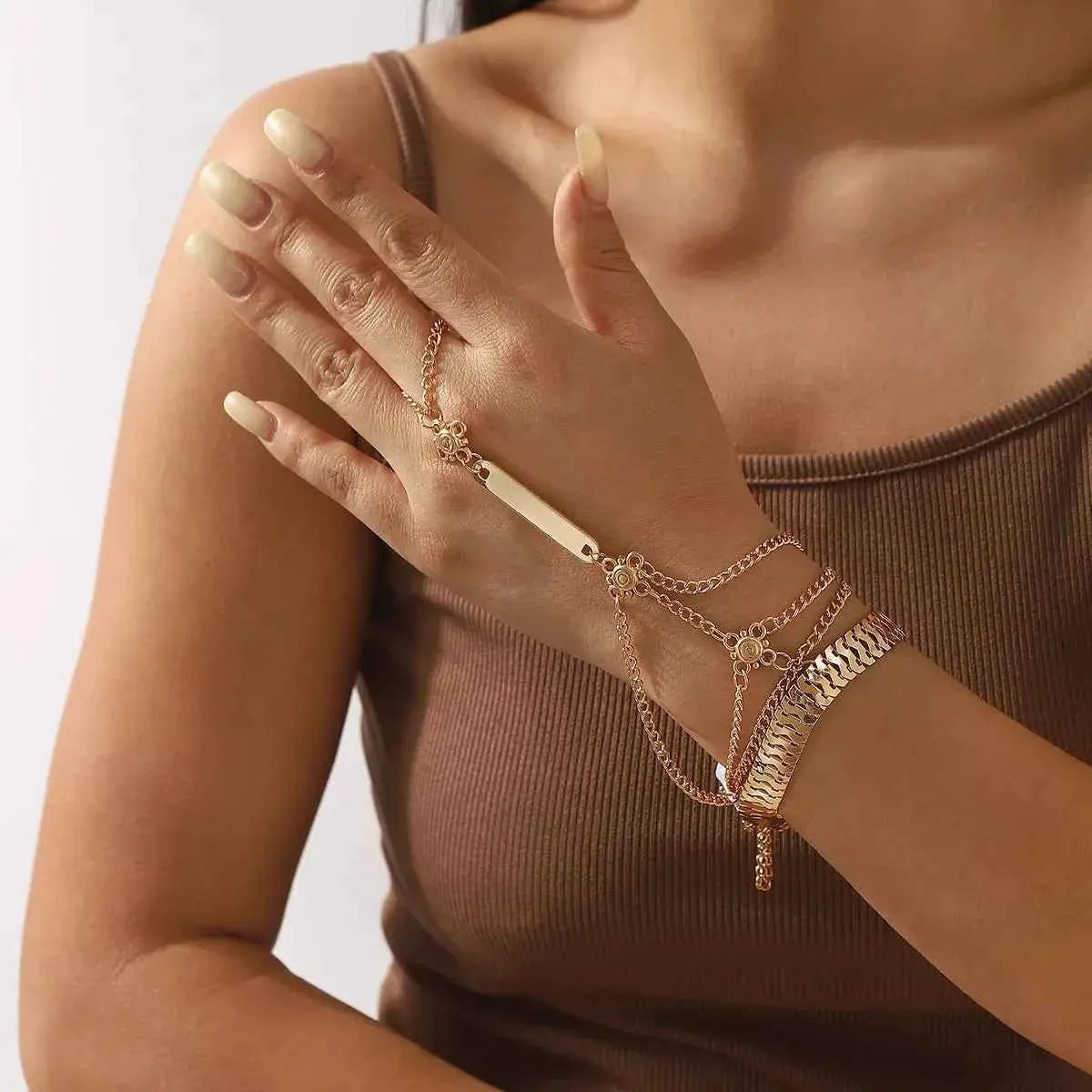 Multi Layered Chain Bracelet with Finger Ring - SmileBen