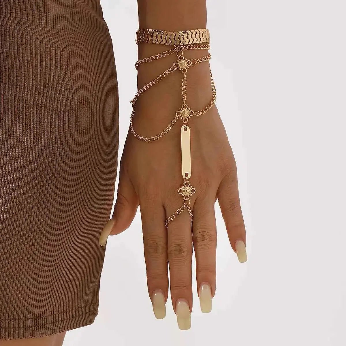 Multi Layered Chain Bracelet with Finger Ring - SmileBen