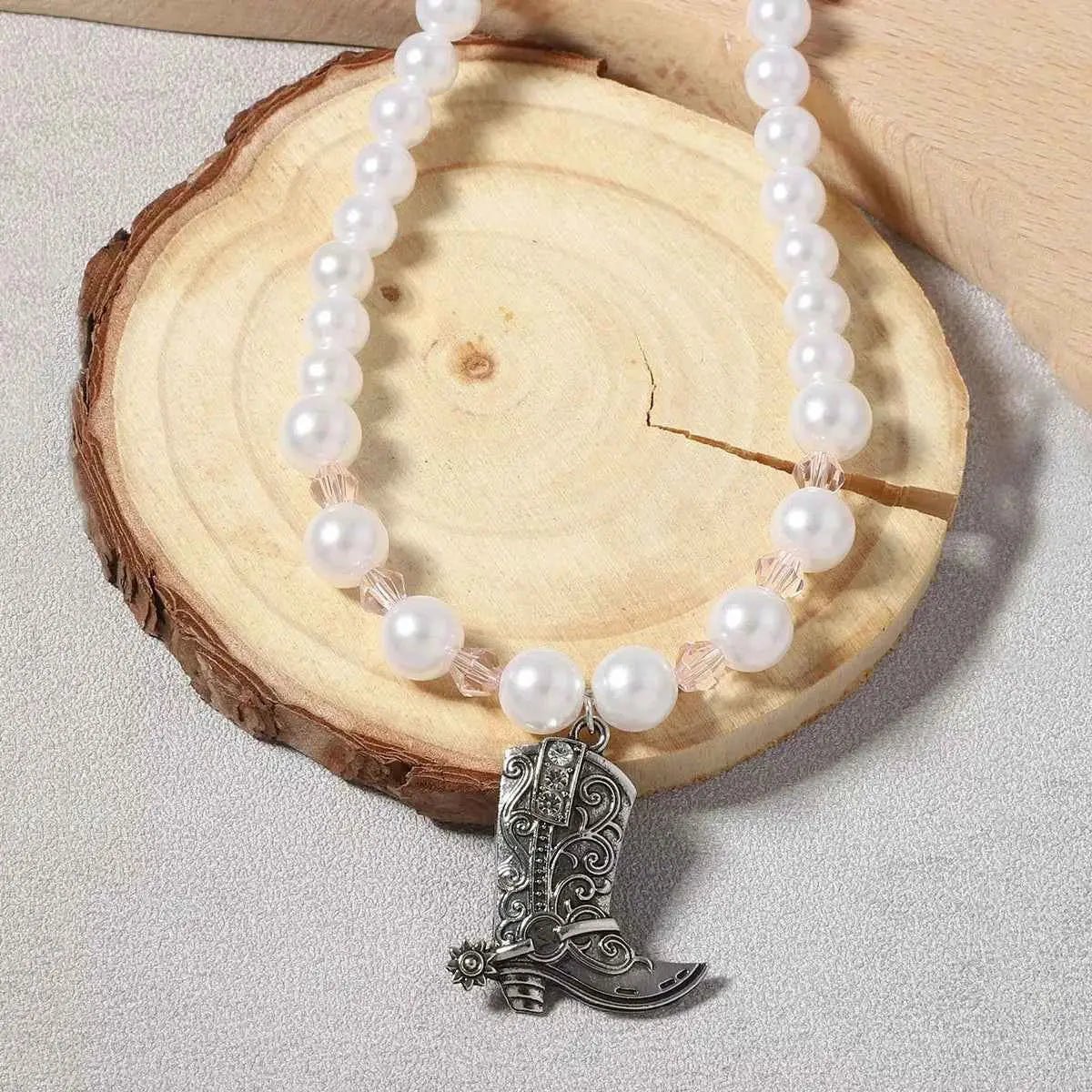 Pearl Beaded Cowboy Boot Necklace - SmileBen