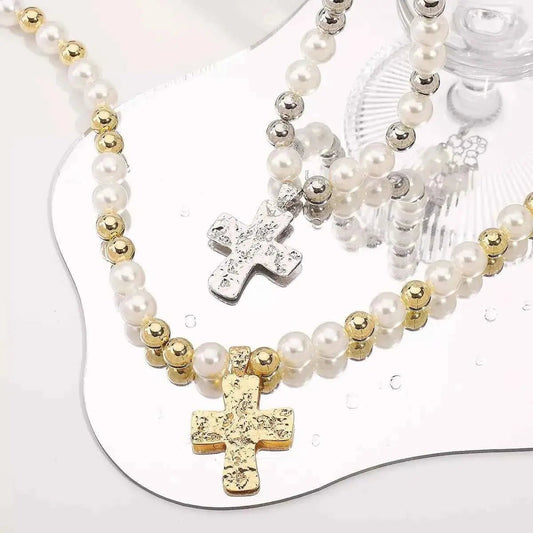 Pearl & Cross Pendant Necklace - SmileBen