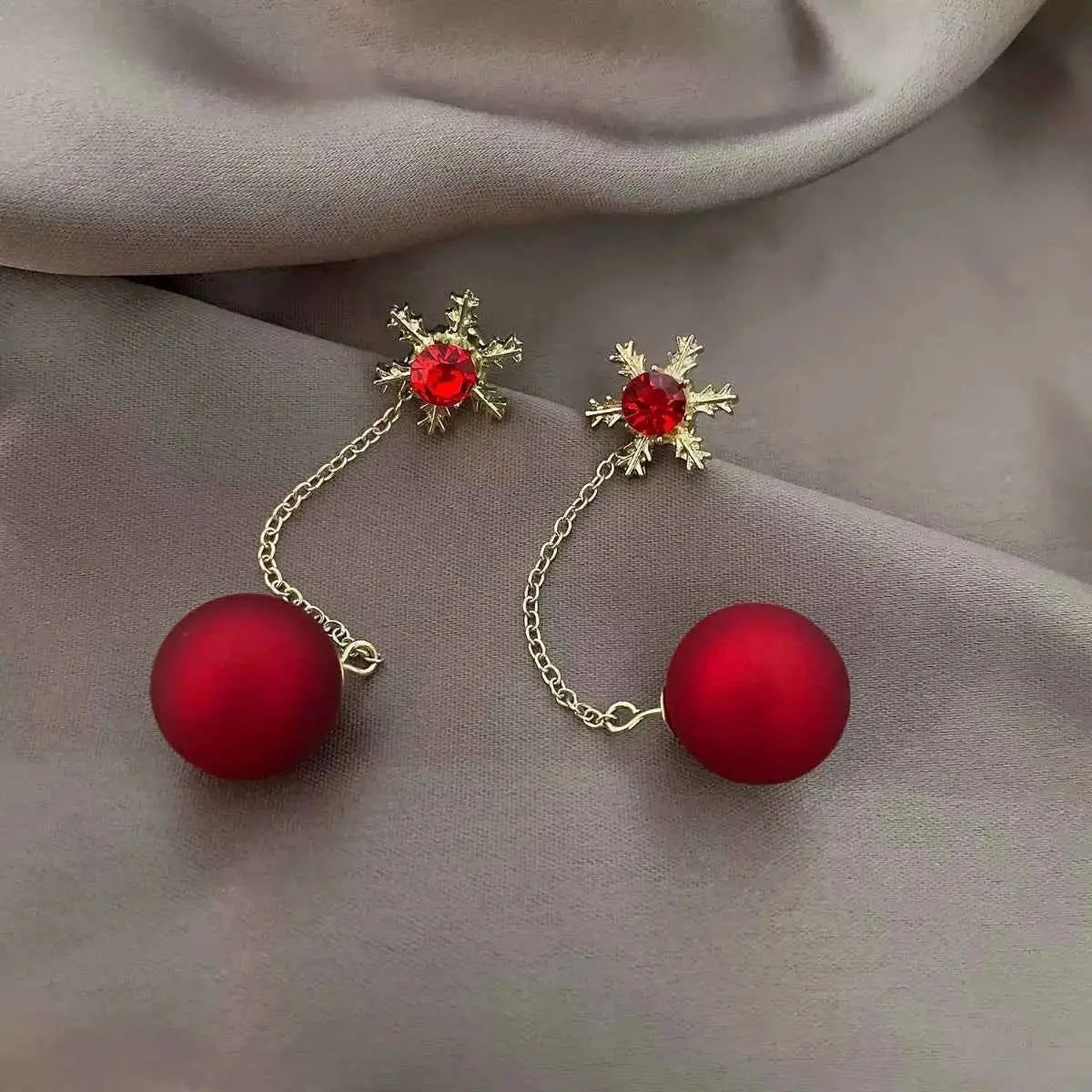 Snowflake Drop Earrings with Red Ball - SmileBen