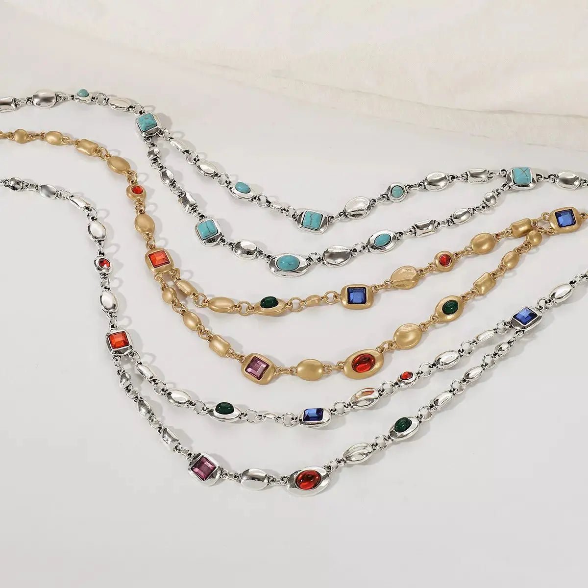 Vintage Multi - Gemstone Double Layered Necklace - SmileBen