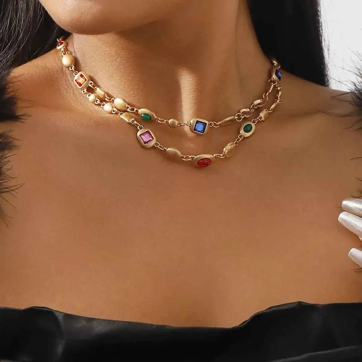 Vintage Multi - Gemstone Double Layered Necklace - SmileBen