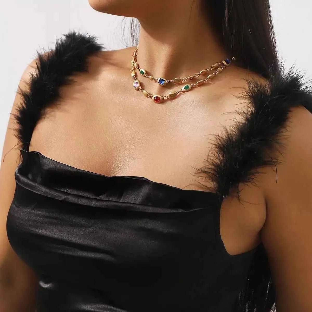 Vintage Multi - Gemstone Double Layered Necklace - SmileBen