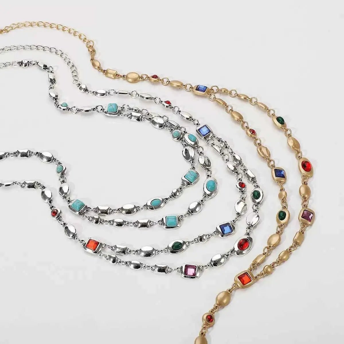 Vintage Multi - Gemstone Double Layered Necklace - SmileBen