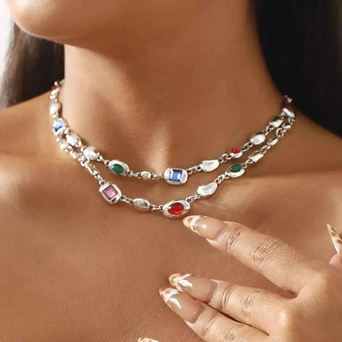 Vintage Multi - Gemstone Double Layered Necklace - SmileBen