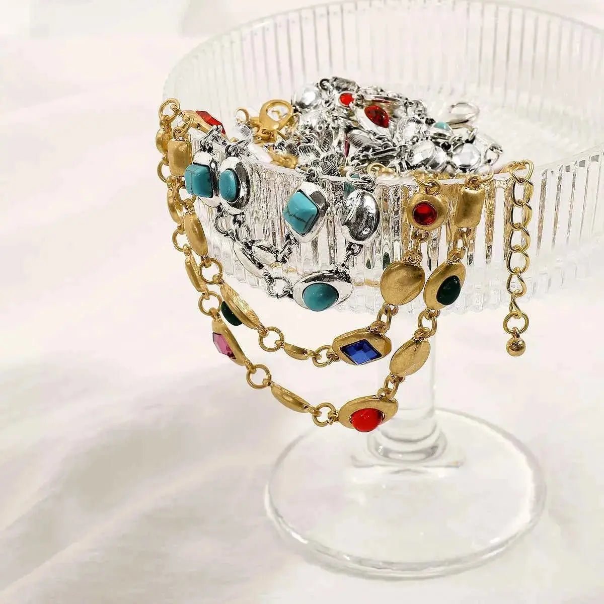 Vintage Multi - Gemstone Double Layered Necklace - SmileBen