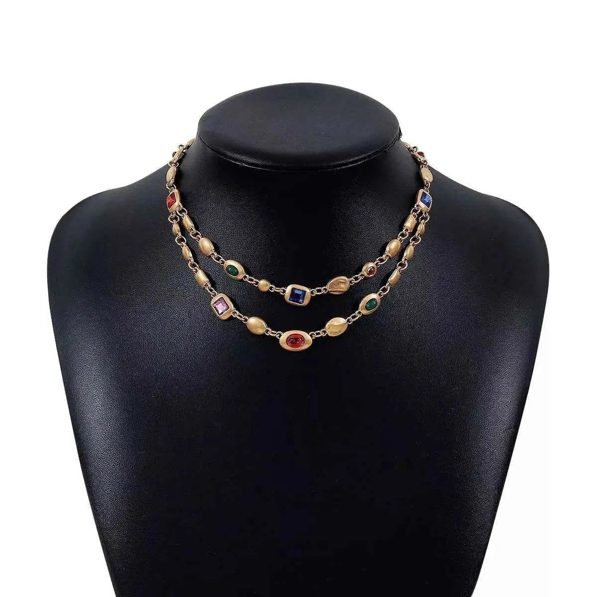 Vintage Multi - Gemstone Double Layered Necklace - SmileBen