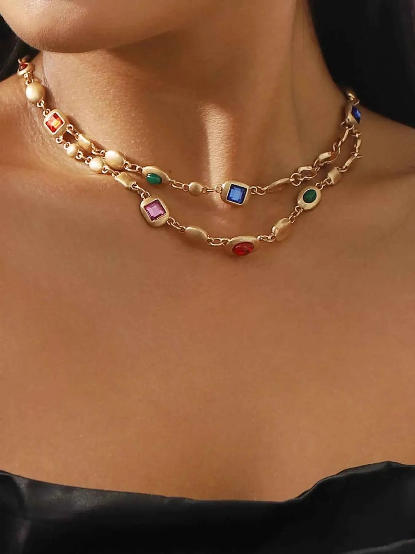 Vintage Multi - Gemstone Double Layered Necklace - SmileBen