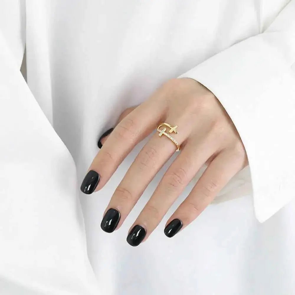 Zircon 925 Sterling Silver Double Cross Bypass Ring - SmileBen
