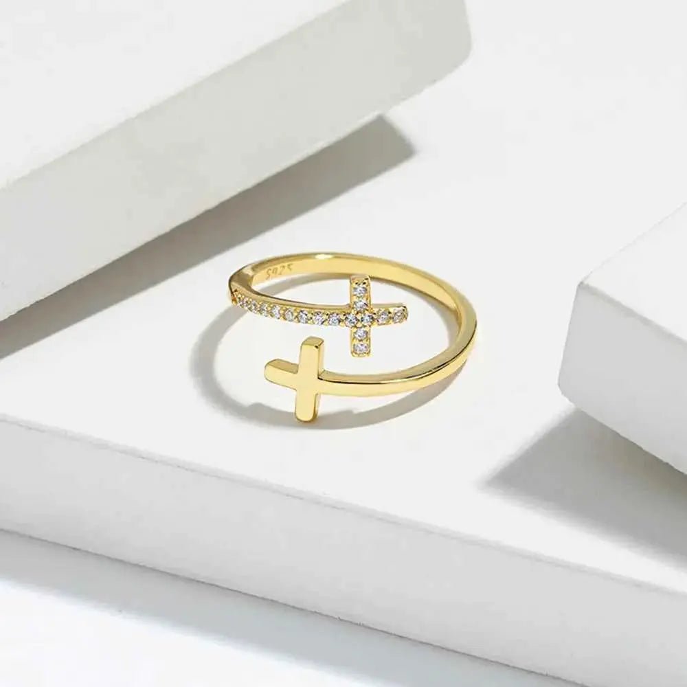 Zircon 925 Sterling Silver Double Cross Bypass Ring - SmileBen